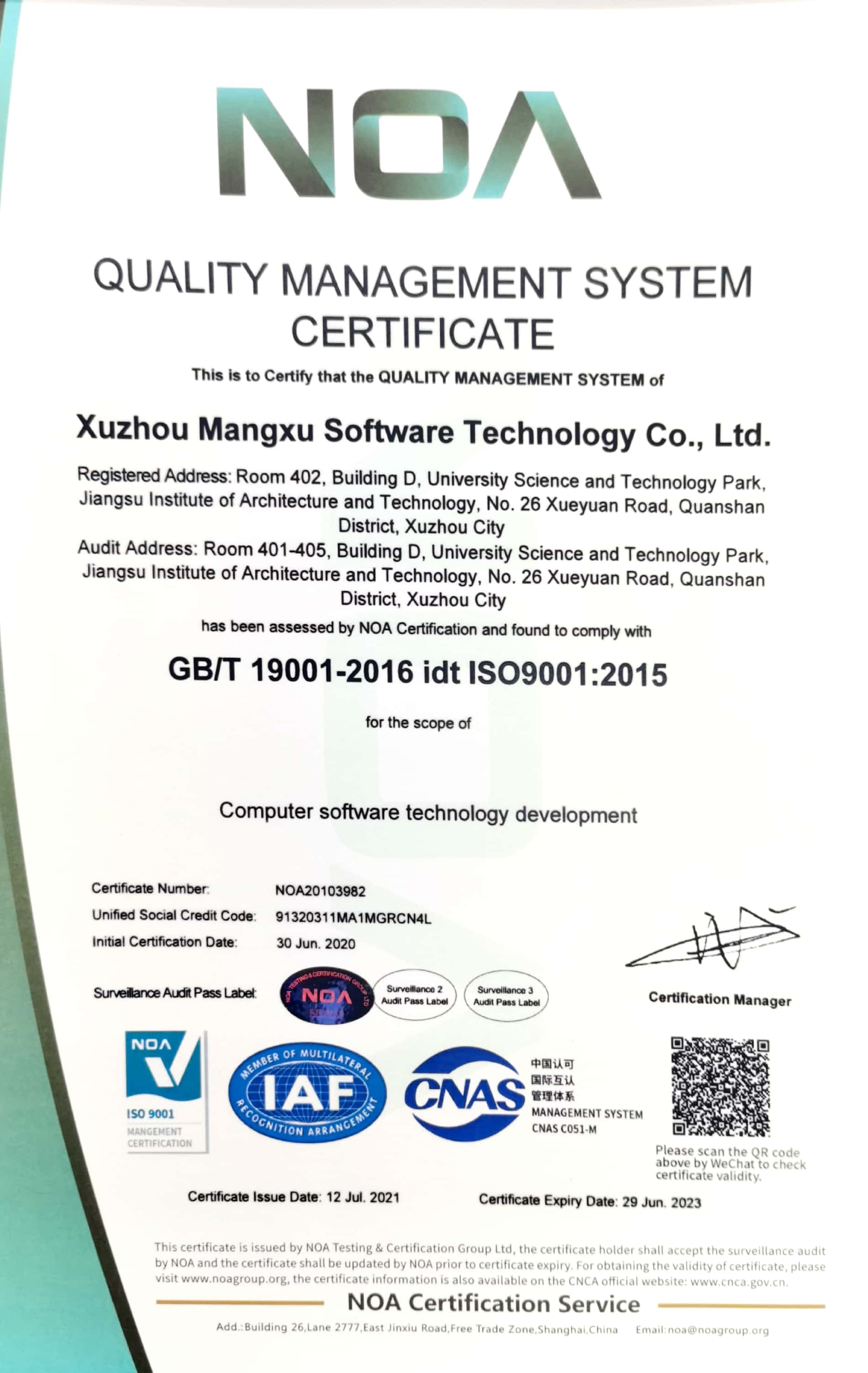 QUALITY MANAGEMENT SYSTEM CERTIFICATE